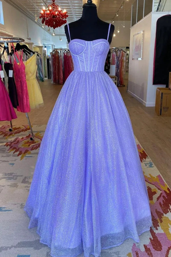 Wholesale A-Line Lavender Shiny Tulle Prom Dress Long Spaghetti Strap Evening Dress